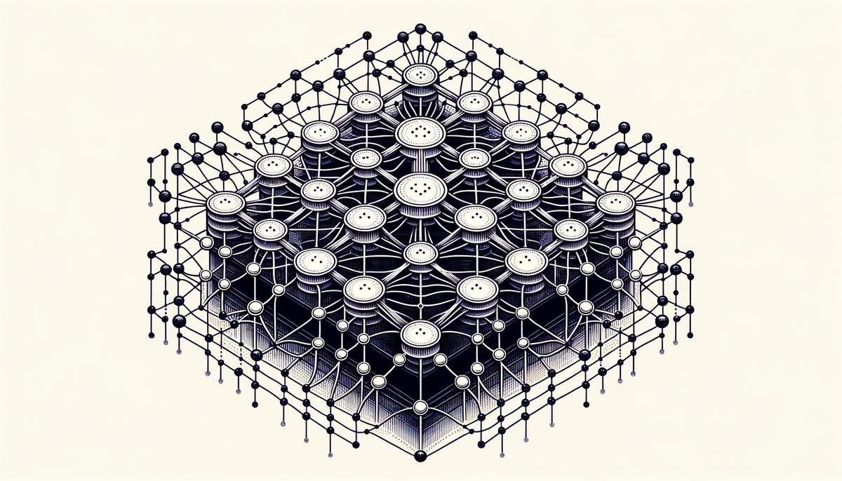 A visual representation of a neural network with input, hidden, and output layers