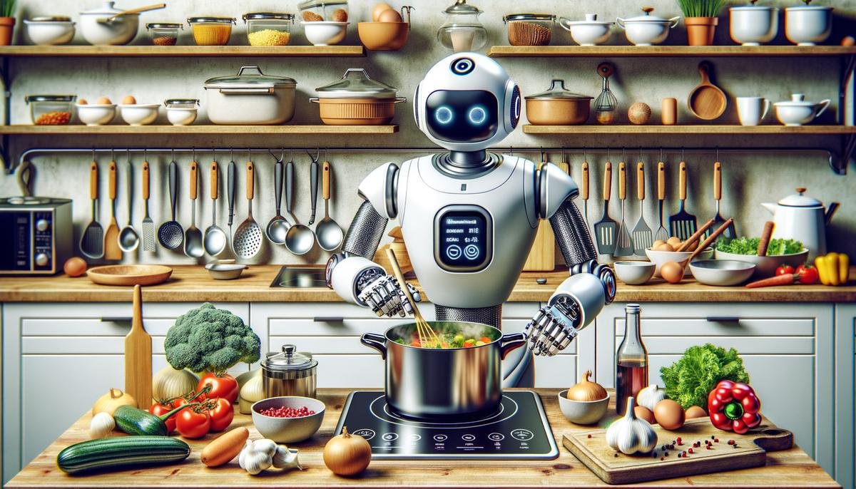 Nymble's AI-powered kitchen robot performing multiple cooking tasks simultaneously in a home kitchen