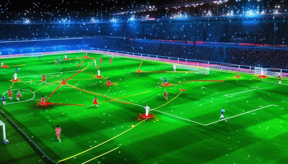 A soccer field visualization showing player movements and tactical formations highlighted by AI analysis