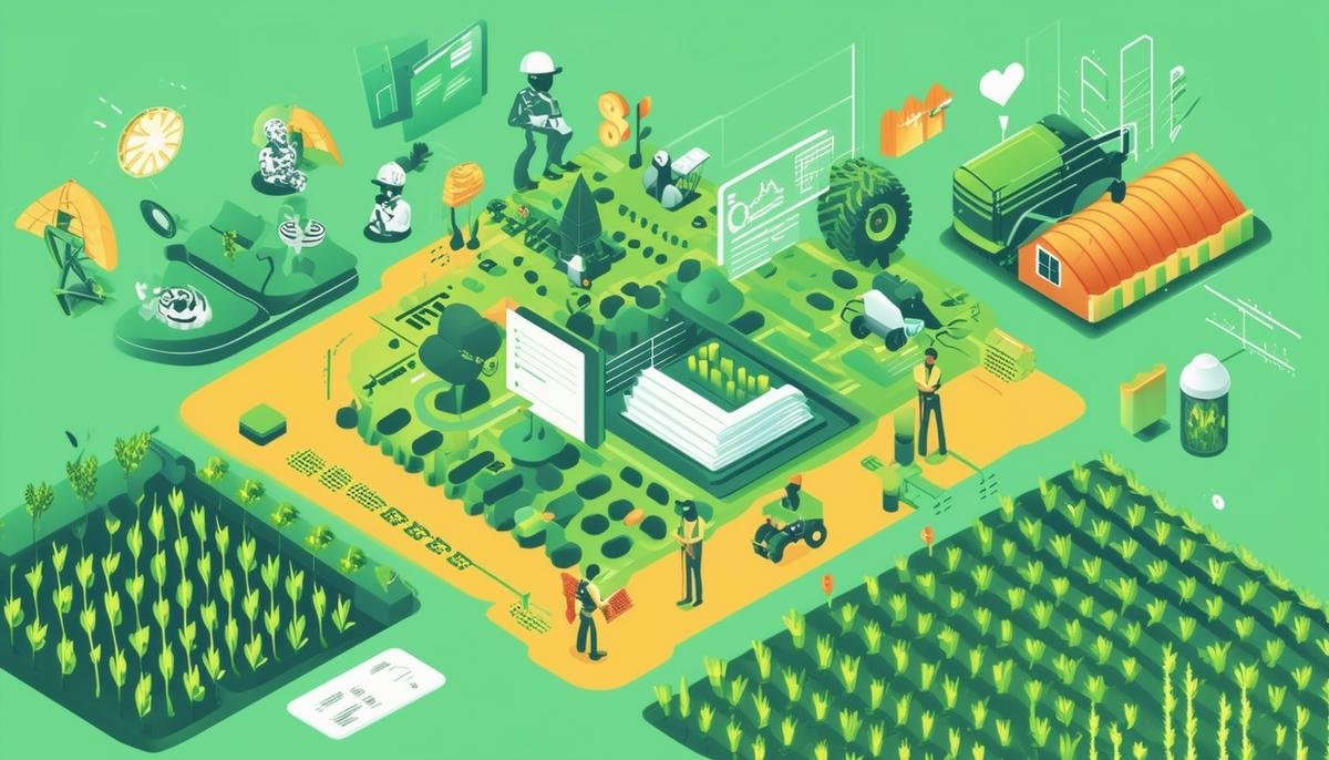 An illustration depicting the challenges of implementing AGI in agriculture, such as data accessibility, initial costs, technical expertise, and ethical considerations. The image also portrays the collaborative efforts needed among farmers, AI experts, and policymakers to address these challenges and responsibly adopt AGI in the agricultural sector.