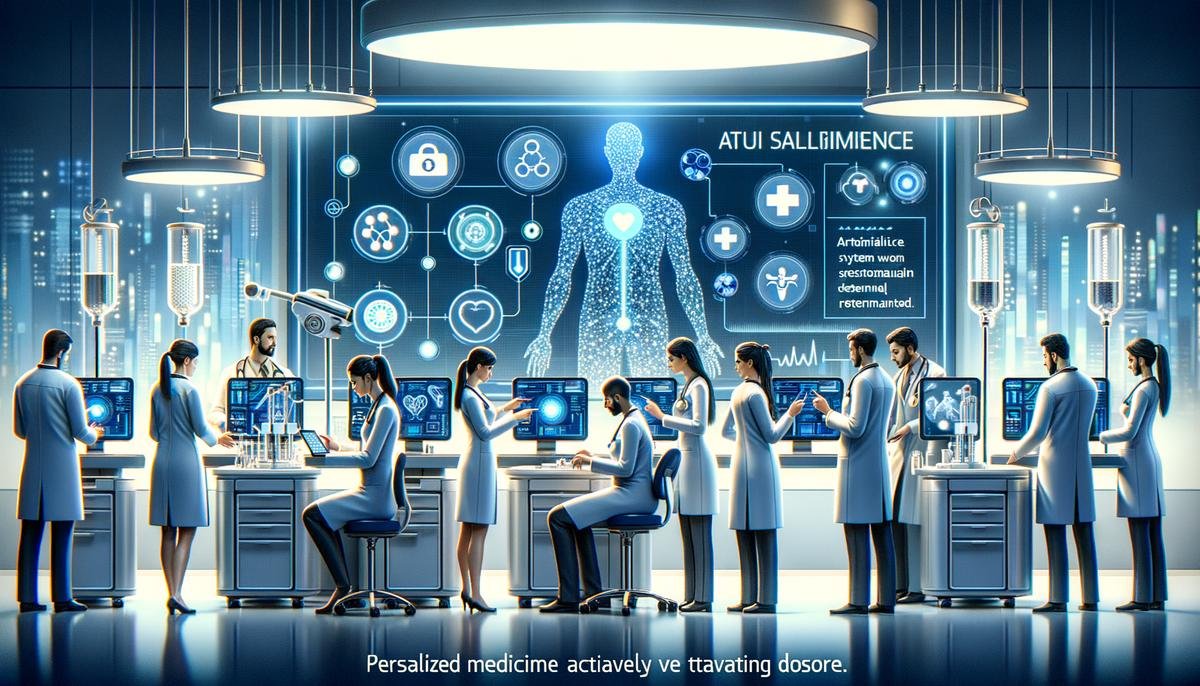 Image of a futuristic medical scenario where personalized medicine is being implemented, showcasing AI algorithms assisting in patient care