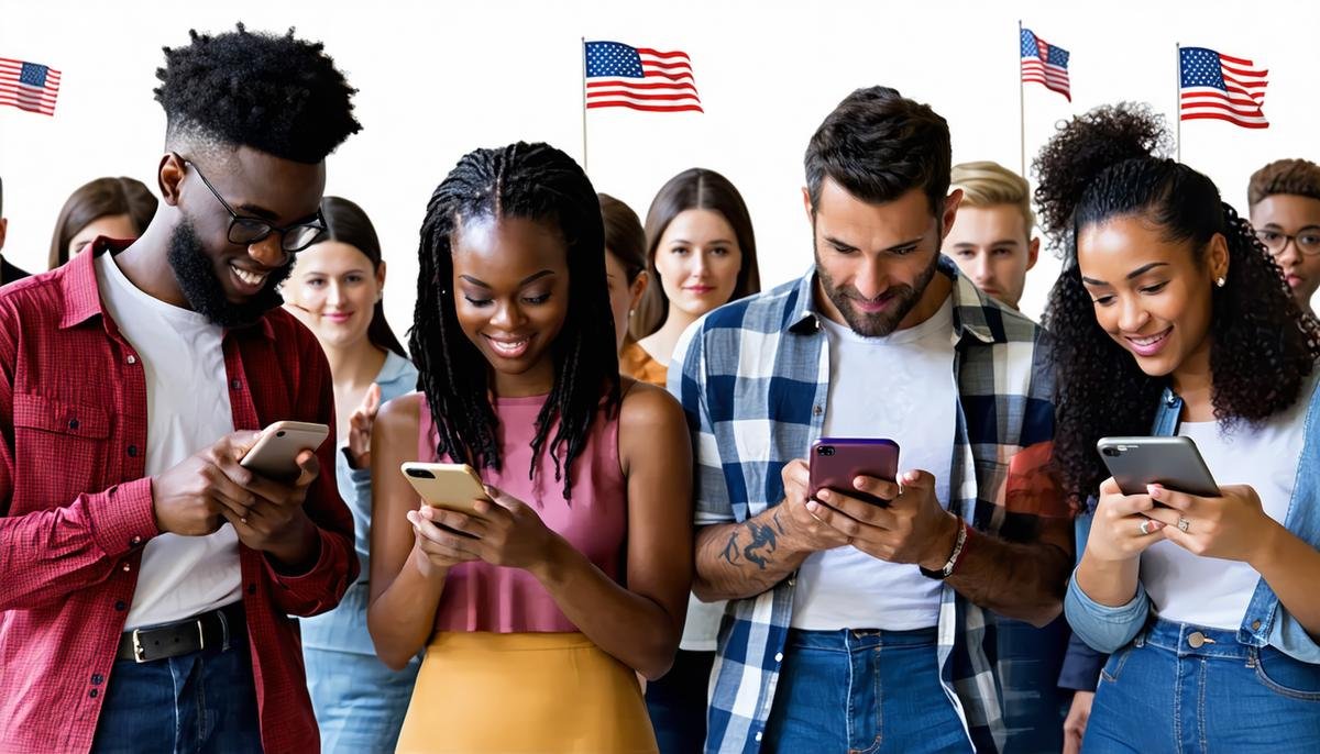 A diverse group of voters receiving customized political messages on various devices