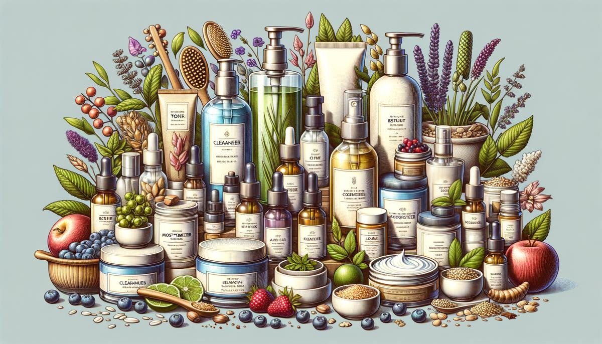 A realistic image showing various skincare products and ingredients, symbolizing personalized skincare routines