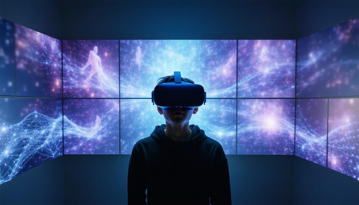 A person in VR experiencing a dynamic, branching storyline with multiple visual paths