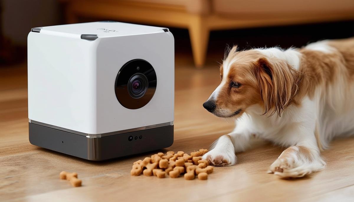 A Petcube camera interacting with a dog through treat dispensing and two-way audio