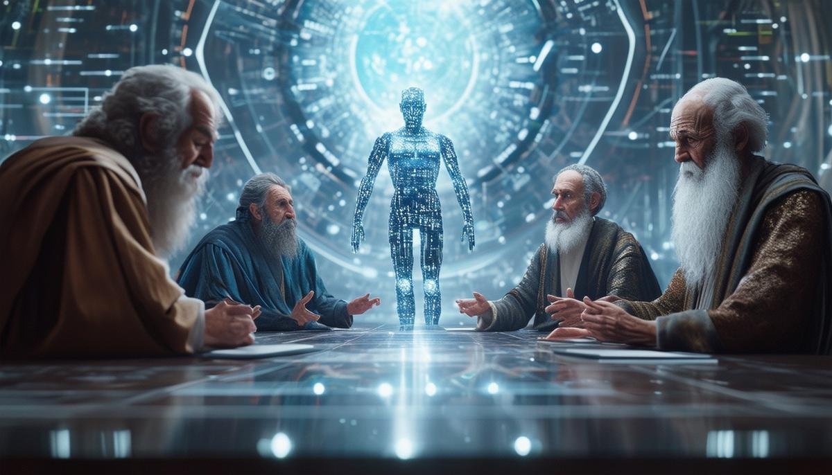 Ancient and modern philosophers engaged in a debate around a futuristic AI entity