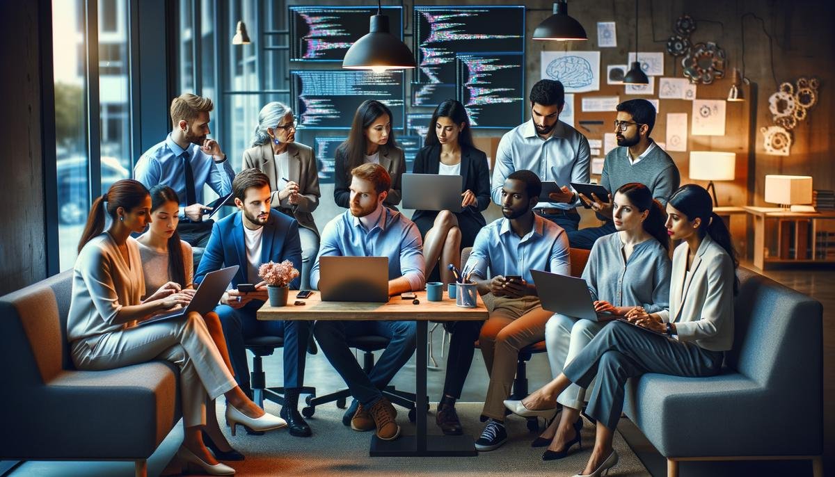 An image showcasing the power of diversity in driving AI innovation. It features a diverse group of professionals collaborating on an AI project, bringing unique perspectives and ideas to the table. The image conveys the benefits of inclusive teams in enhancing problem-solving, creativity, and the development of AI solutions that cater to a wide range of user needs.