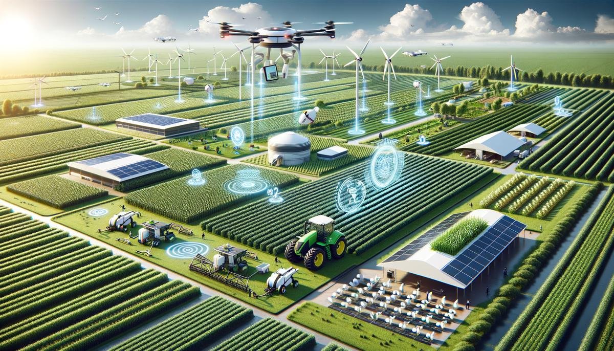 An image of a futuristic farm with advanced technology in use for precision agriculture