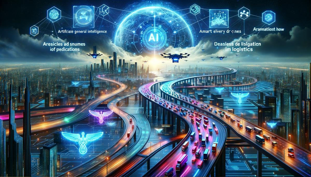 An image of a futuristic digital landscape with various logistic elements fitting the theme of Artificial General Intelligence (AGI) transforming the predictive logistics landscape.