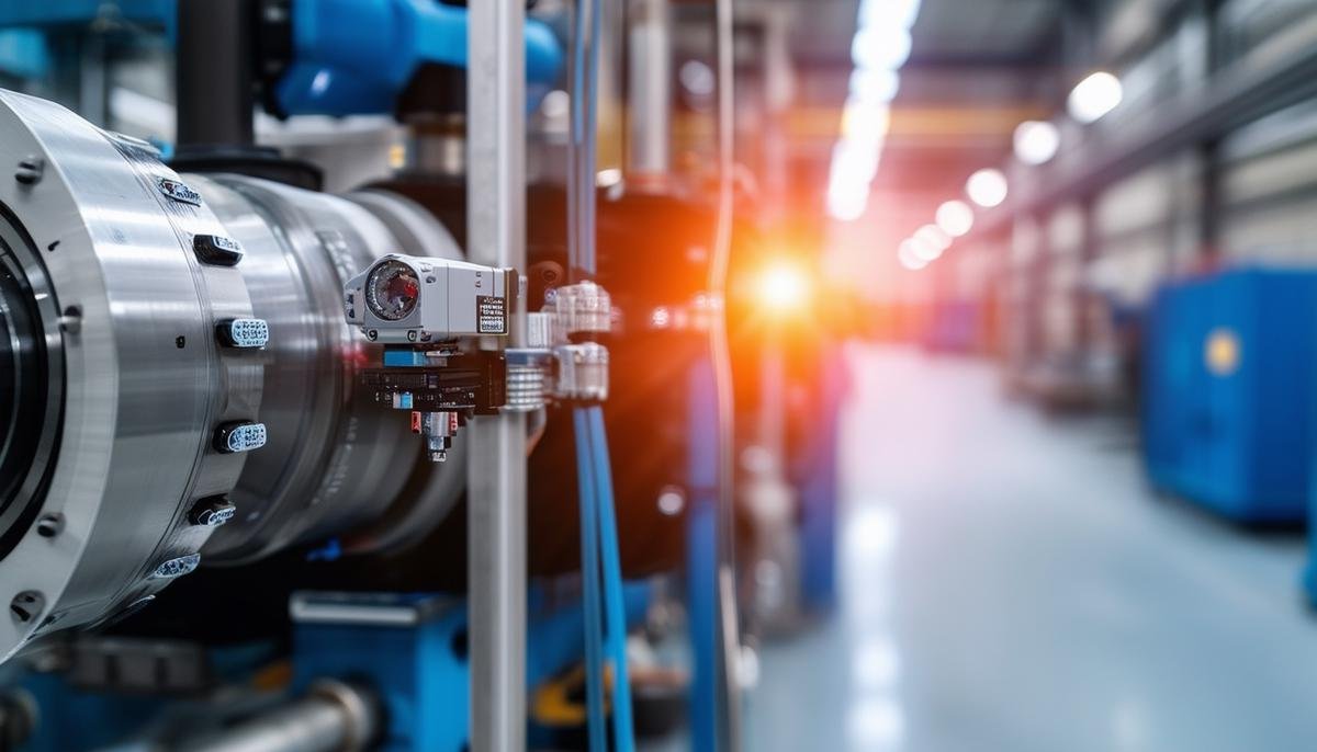 Close-up of advanced sensors attached to industrial machinery, collecting data for predictive maintenance