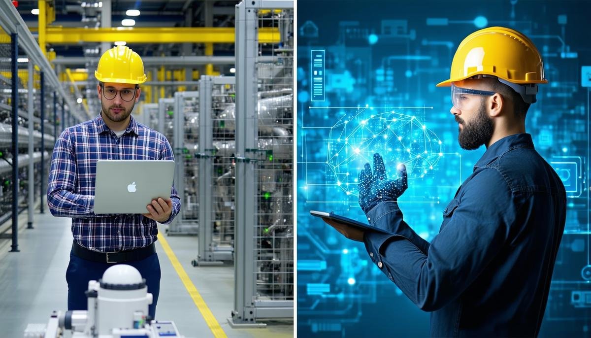 A split-screen image comparing traditional safety work with AI-enhanced safety of work in an industrial setting