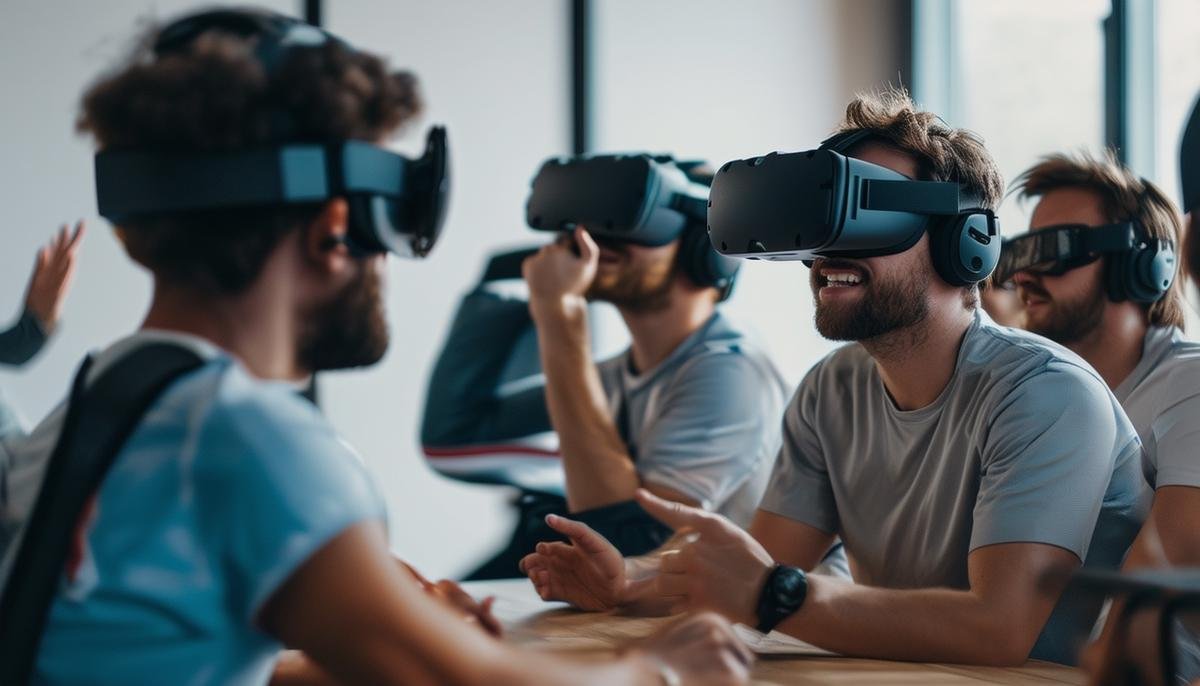 A professional sports team engaged in a VR strategy session using STRIVR's platform