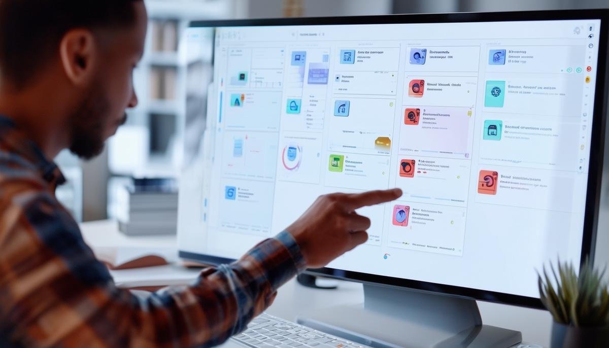 A project manager efficiently managing multiple projects using Asana's AI tools on a large touchscreen