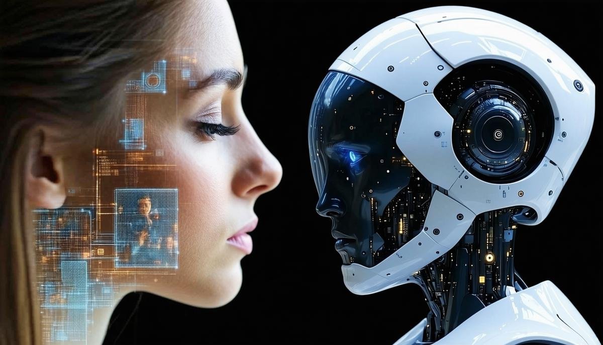 A split image showing a human face expressing trust and empathy next to an AI interface mimicking those emotions