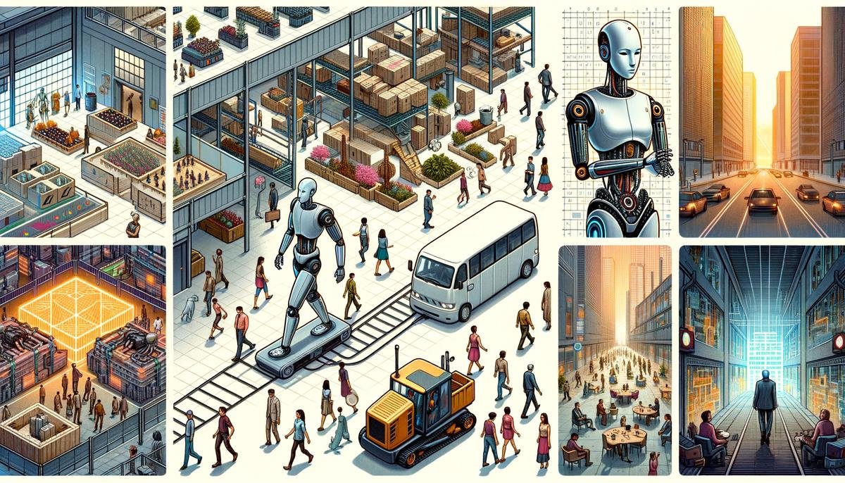 A collage of reinforcement learning applications, including a robot in a warehouse, an autonomous vehicle, and an AI playing a strategy game