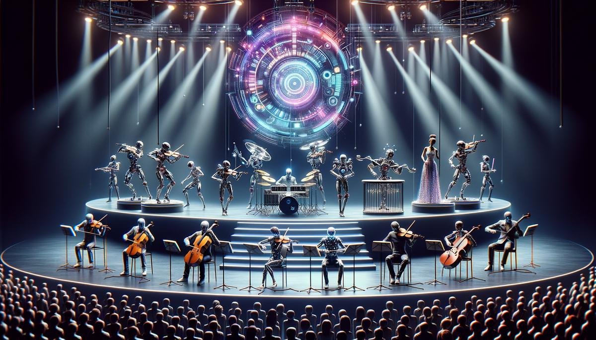 Robotic musicians performing alongside human artists on a high-tech stage