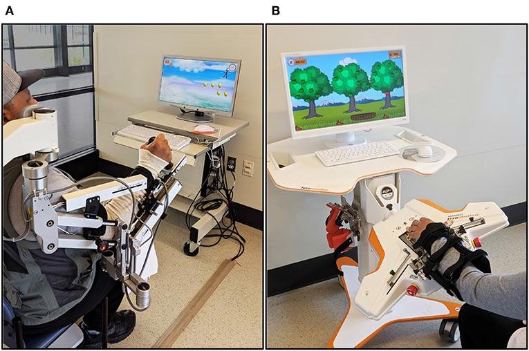 A patient engaging in a robotic rehabilitation therapy session using advanced technology and virtual reality