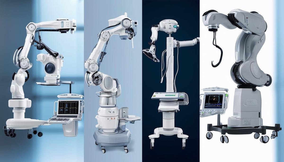 A side-by-side comparison of different robotic surgery systems from Intuitive Surgical, Medtronic, Johnson & Johnson, and CMR Surgical