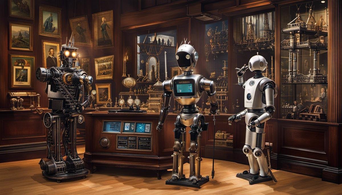An image depicting the history of robotics, showcasing the evolution from ancient automatons to modern intelligent robots.