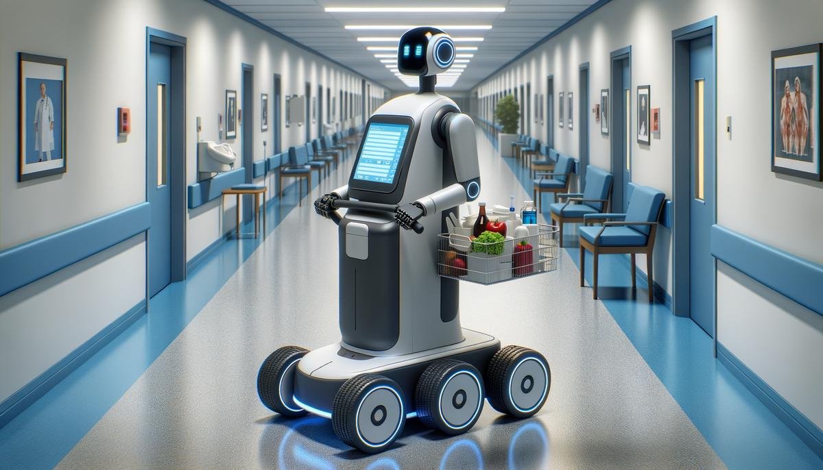 A service robot autonomously navigating through a hospital corridor while delivering medical supplies