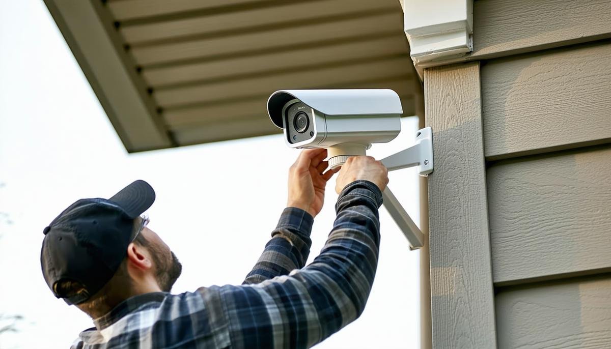 A person installing a SimpliSafe outdoor security camera on the exterior of a house