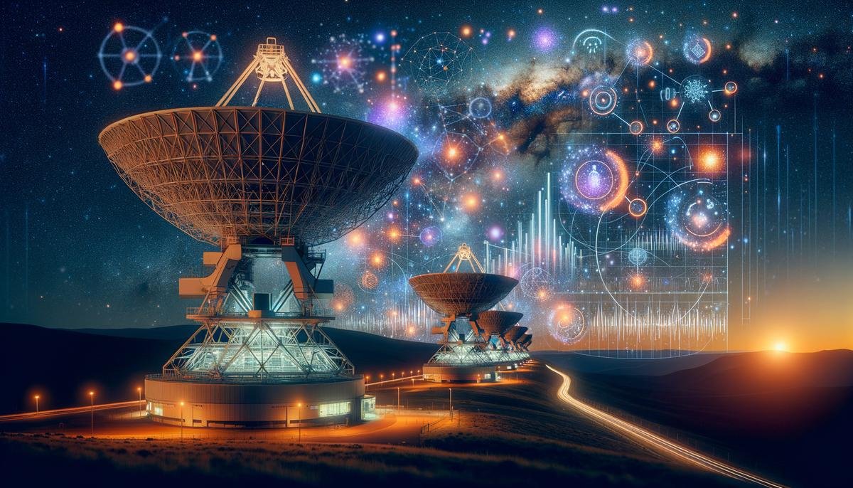 An image showcasing the future prospects of machine learning in astronomy, with the Square Kilometre Array (SKA) and the Evolutionary Map of the Universe (EMU) project pushing the boundaries of cosmic discovery.