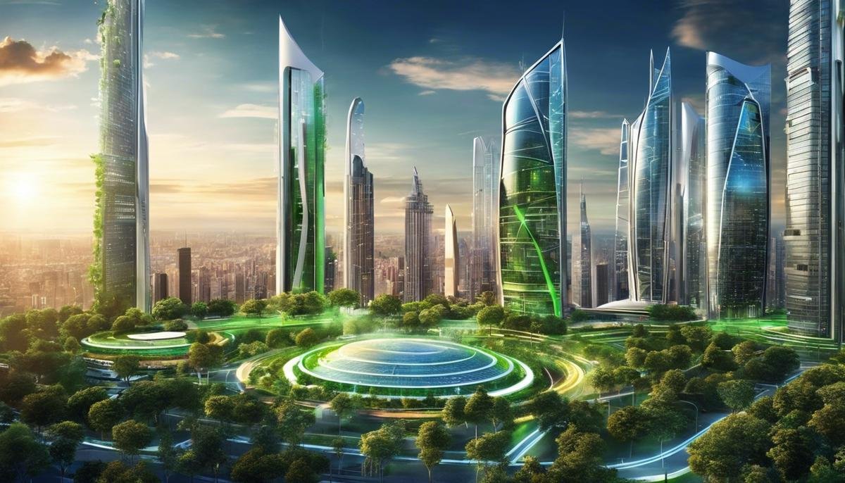 A futuristic cityscape with advanced technologies, depicting the concept of smart cities. The image showcases tall buildings, interconnected devices, and green spaces, representing the fusion of technology and urban life in European smart cities.