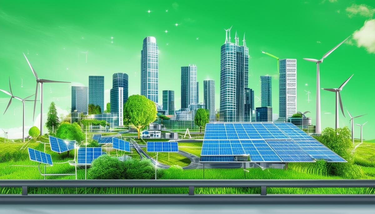 Collage of smart city sustainability features including renewable energy, waste management, and green buildings