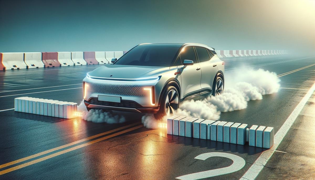 Tesla car demonstrating its Automatic Emergency Braking feature, coming to a stop just before a obstacle on a test track, with visible brake lights and tire smoke.