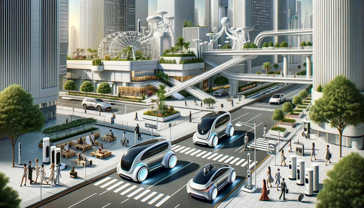 Futuristic cityscape with multiple Tesla Robotaxis seamlessly integrated into the urban environment, picking up and dropping off passengers autonomously.