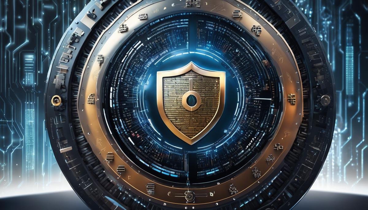 Image illustrating the impact of artificial intelligence on cybersecurity, showing a shield guarded by AI algorithms with binary codes and lock icons.