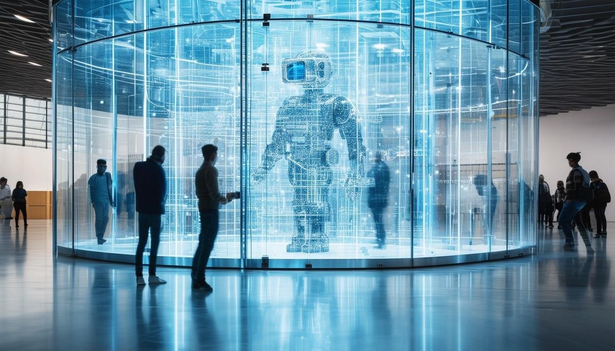 A transparent glass building representing an AI surveillance system, with people observing its inner workings