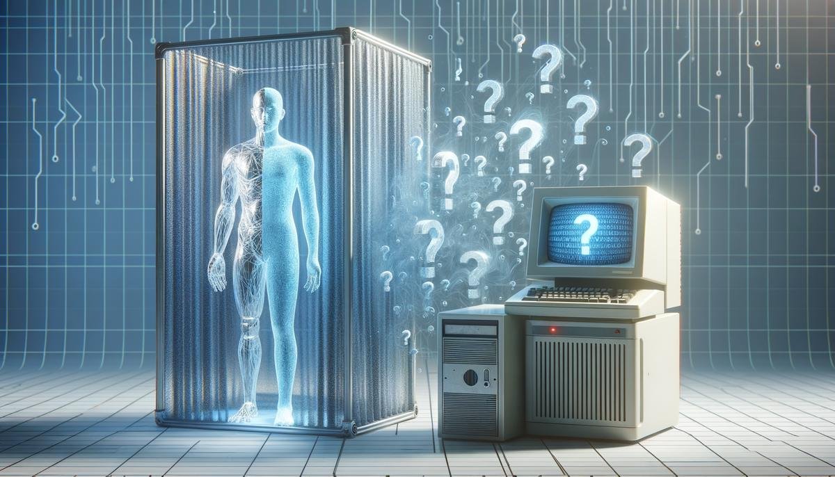 A conceptual representation of the Turing Test with a human and computer separated by a curtain