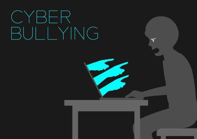 Illustration showing different types of cyberbullying including harassment, cyberstalking, doxing, and deepfakes