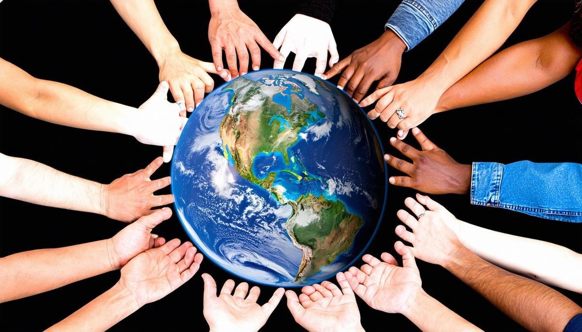 A globe surrounded by diverse people holding hands, representing universal human rights