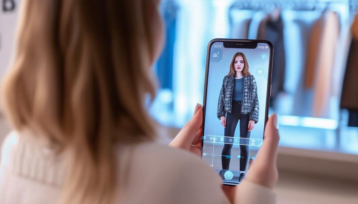 A woman using a virtual try-on app on her smartphone or digital device, with an AI-generated image of her wearing different clothing items and accessories, allowing her to visualize the fit and style before making a purchase.