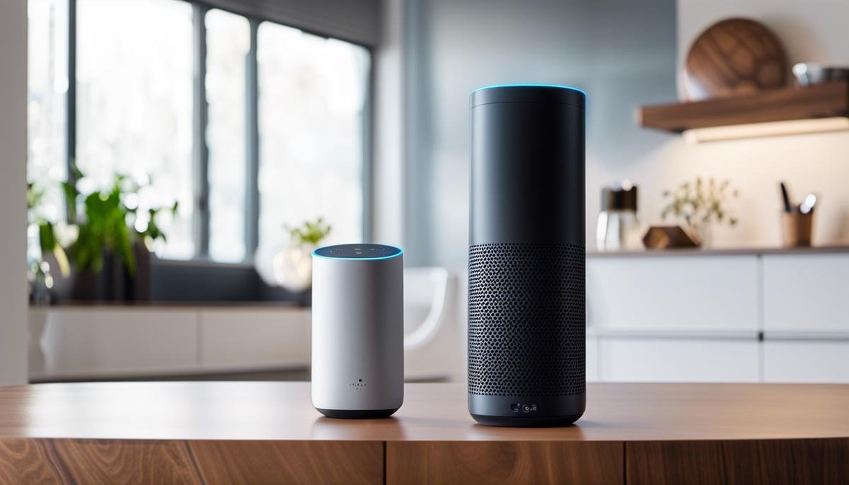 Image of a voice assistant device standing on a table, showcasing how speech recognition technology is used in virtual helpers and home automation