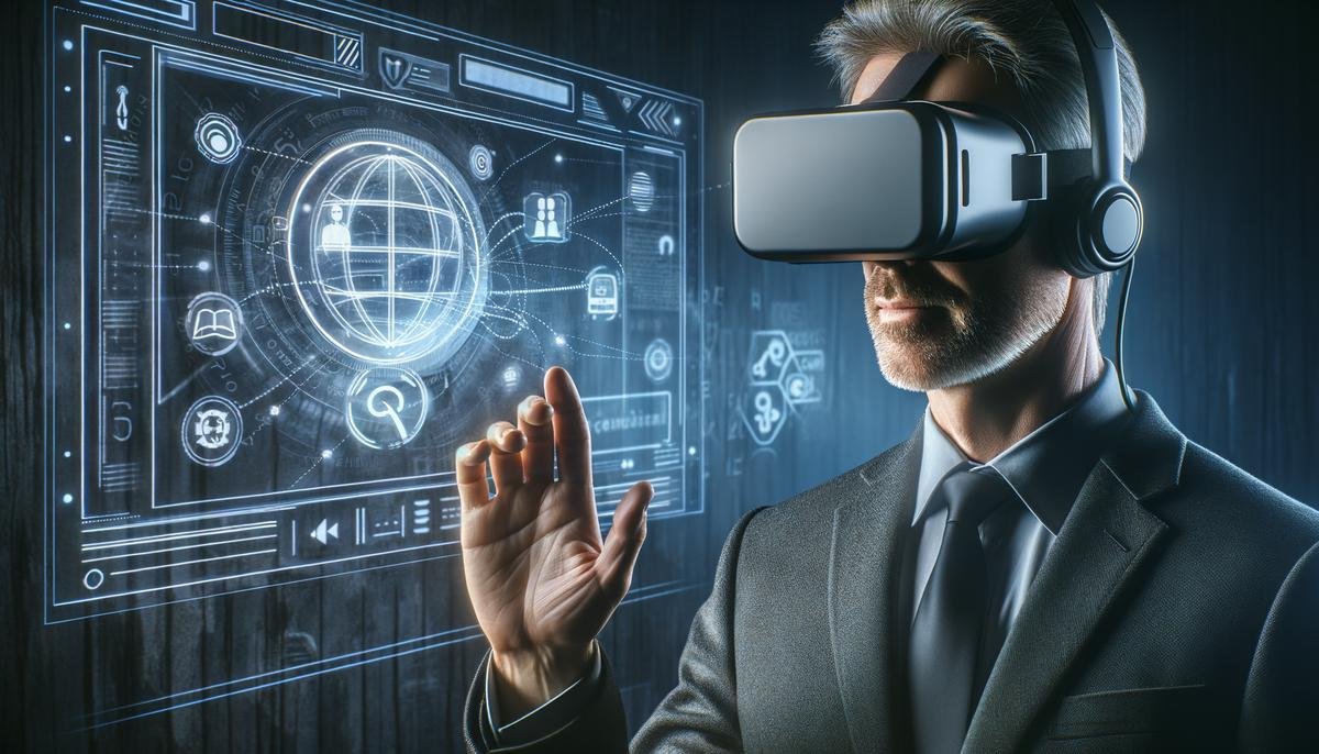 A person using VR technology to practice language in a virtual environment, representing future trends in AI language learning