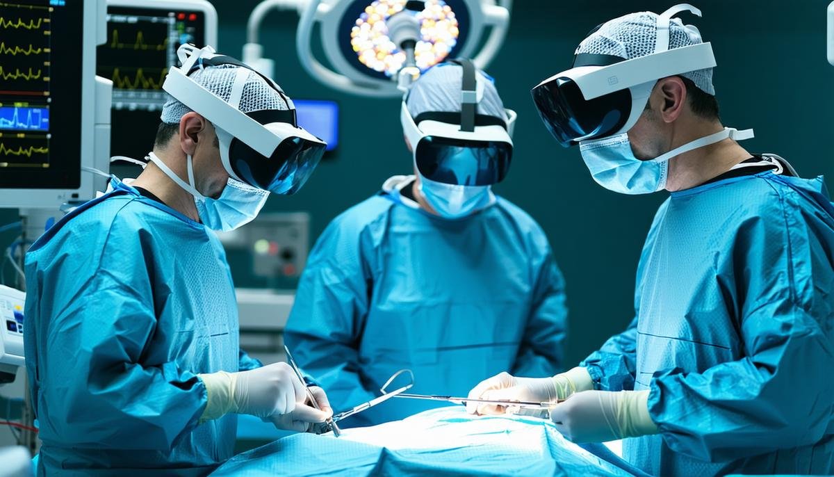 A medical professional using VR and AI for surgical training in a realistic simulated operating room