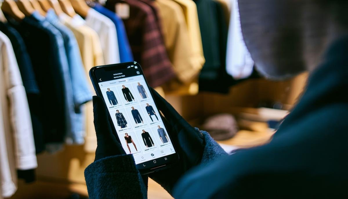 A person using a smartphone to perform a visual search for clothing, with matching results displayed on the screen