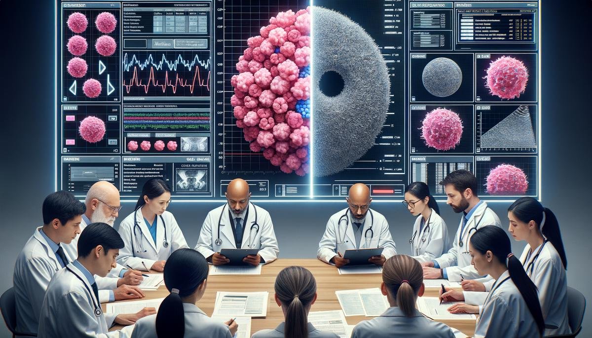 A split-screen image showing IBM Watson's interface struggling with diverse cancer data on one side, and a team of oncologists reviewing patient records on the other