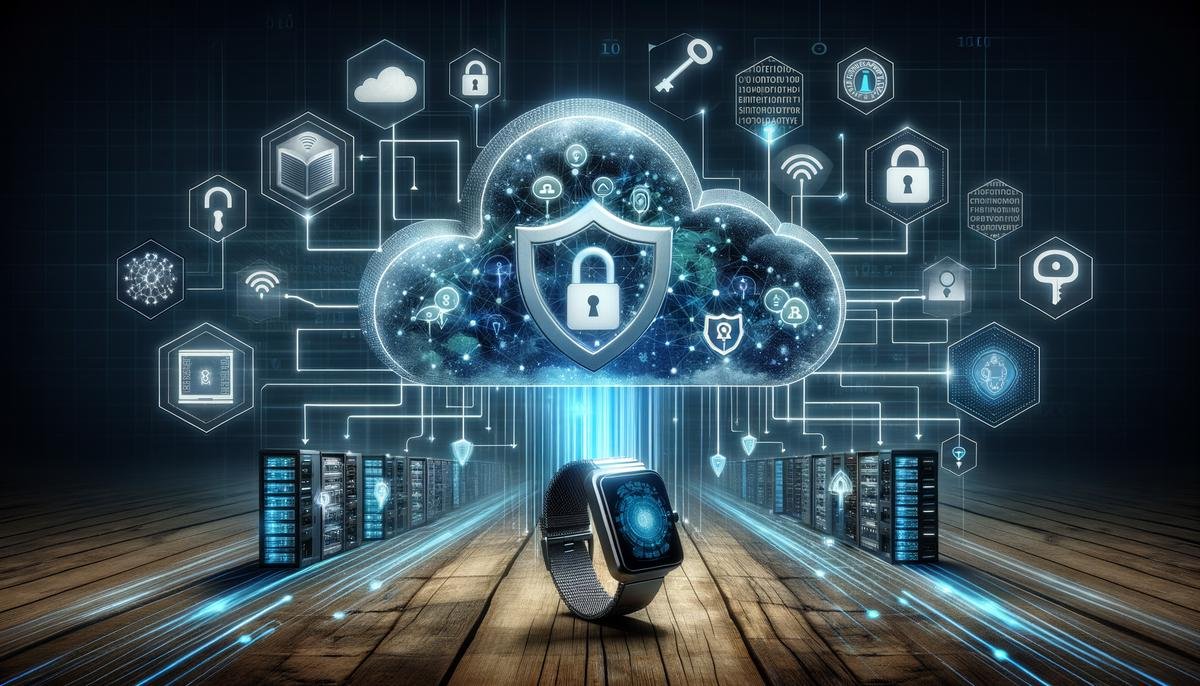 A visual representation of secure data transmission from a wearable device to a protected cloud server, with encryption symbols