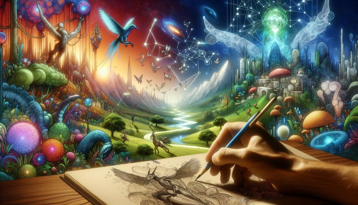 An illustration of a fantastical world being constructed with the help of AI