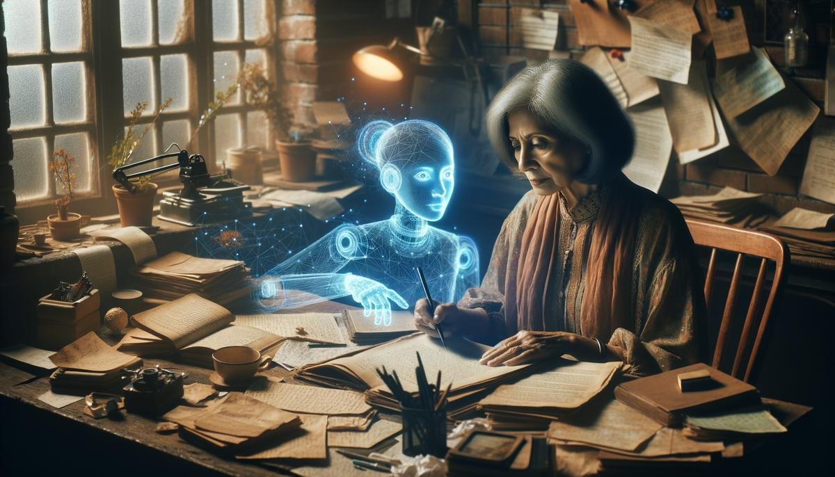 An illustration of a writer brainstorming and collaborating with an AI assistant