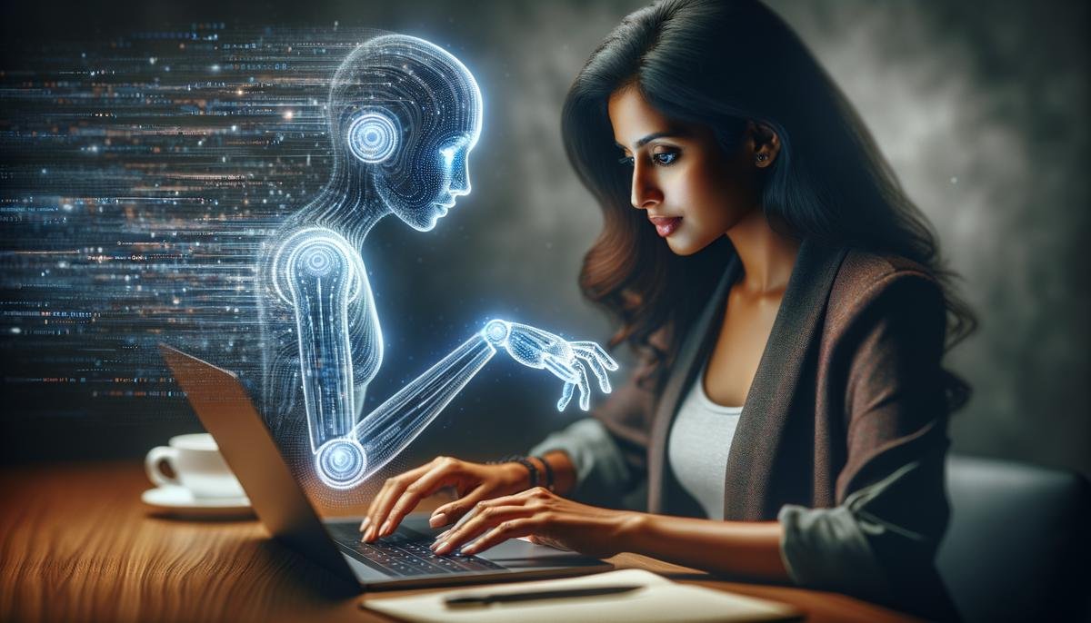 An illustration of a writer drafting a scene with the assistance of an AI